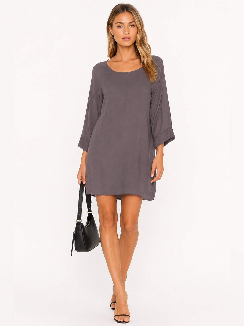 StarkX Taupe Silk Feel Shift Dress Small Rayon Minimalist Tunic Dress